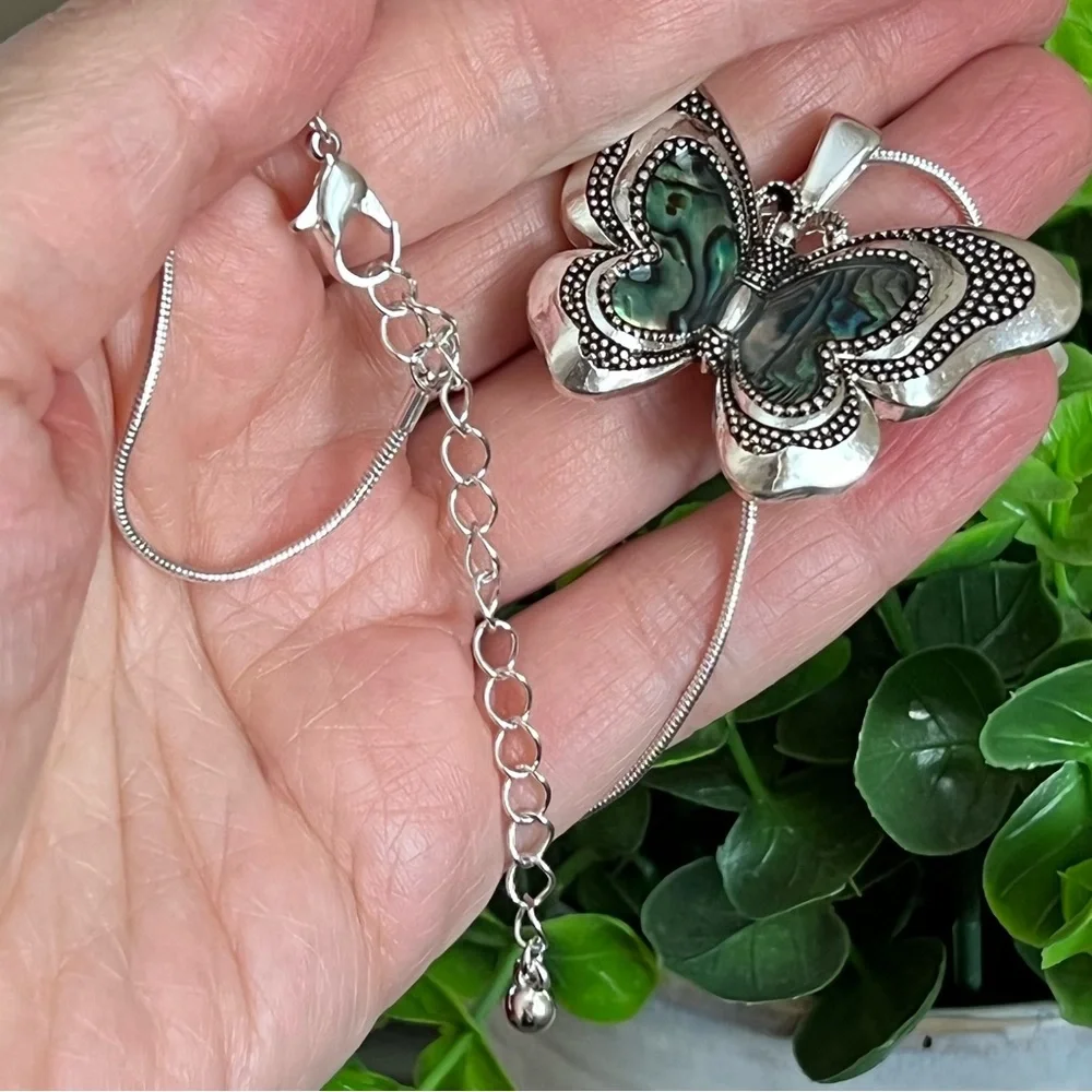 Abalone‎ Butterfly Necklace Silver Tone